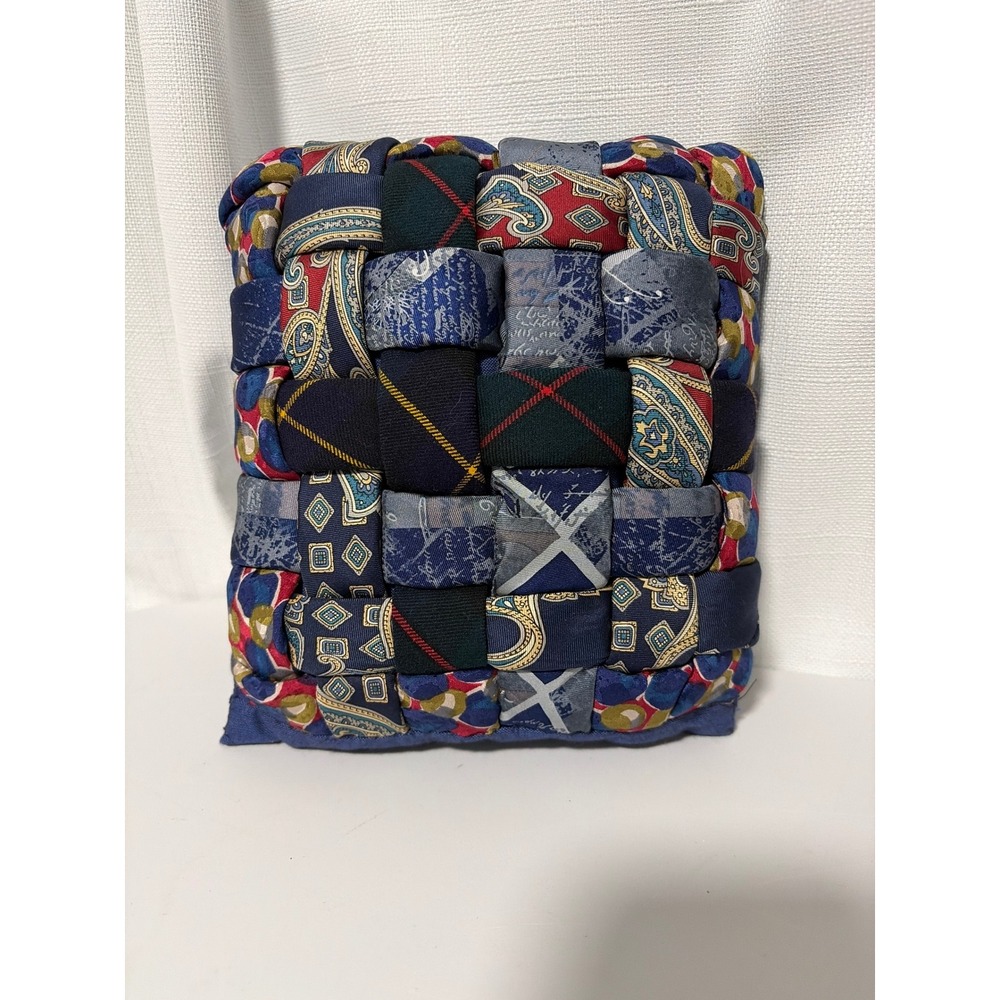 Handmade Woven Silk Necktie Decorative Accent Pillow Navy Paisley Plaid 7x6.5
